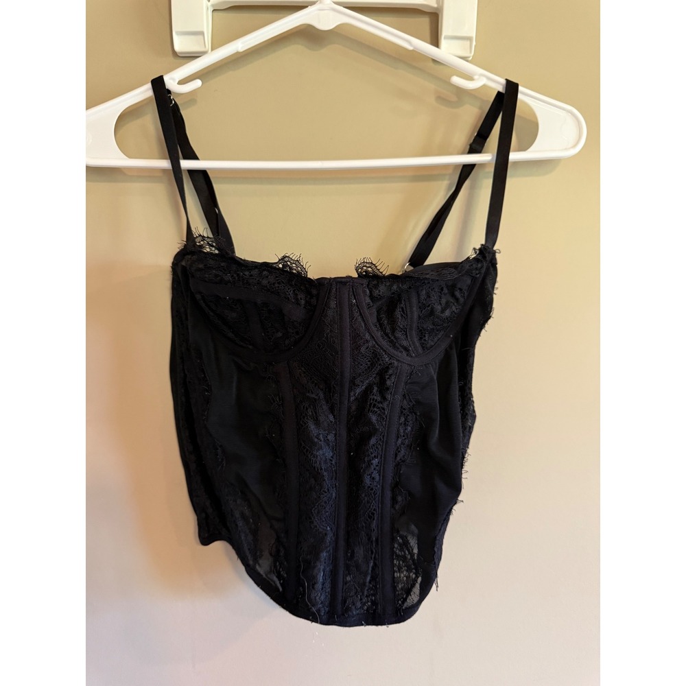 Black Lace Corset Top Underwire Eyelash Trim Mesh Bustier Hook Eye Closure Women